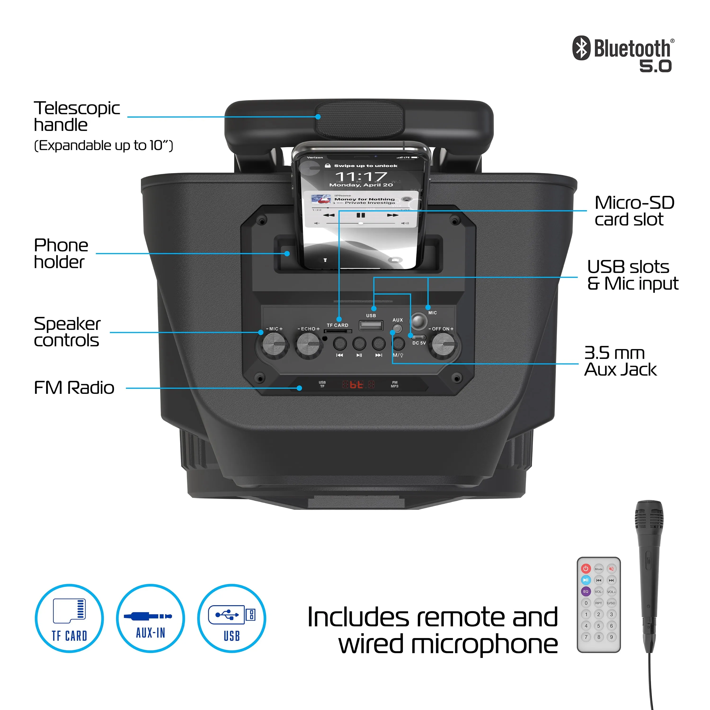 MegaBass LED Jobsite Speaker, Rechargeable Bluetooth Party Speaker with 8in. Subwoofer and Microphone