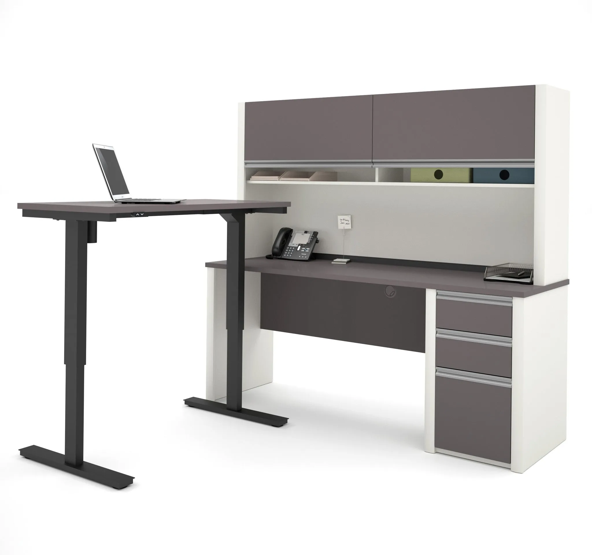 Modern Slate-Sandstone Desk & Hutch with Included Height Adjustable Desk