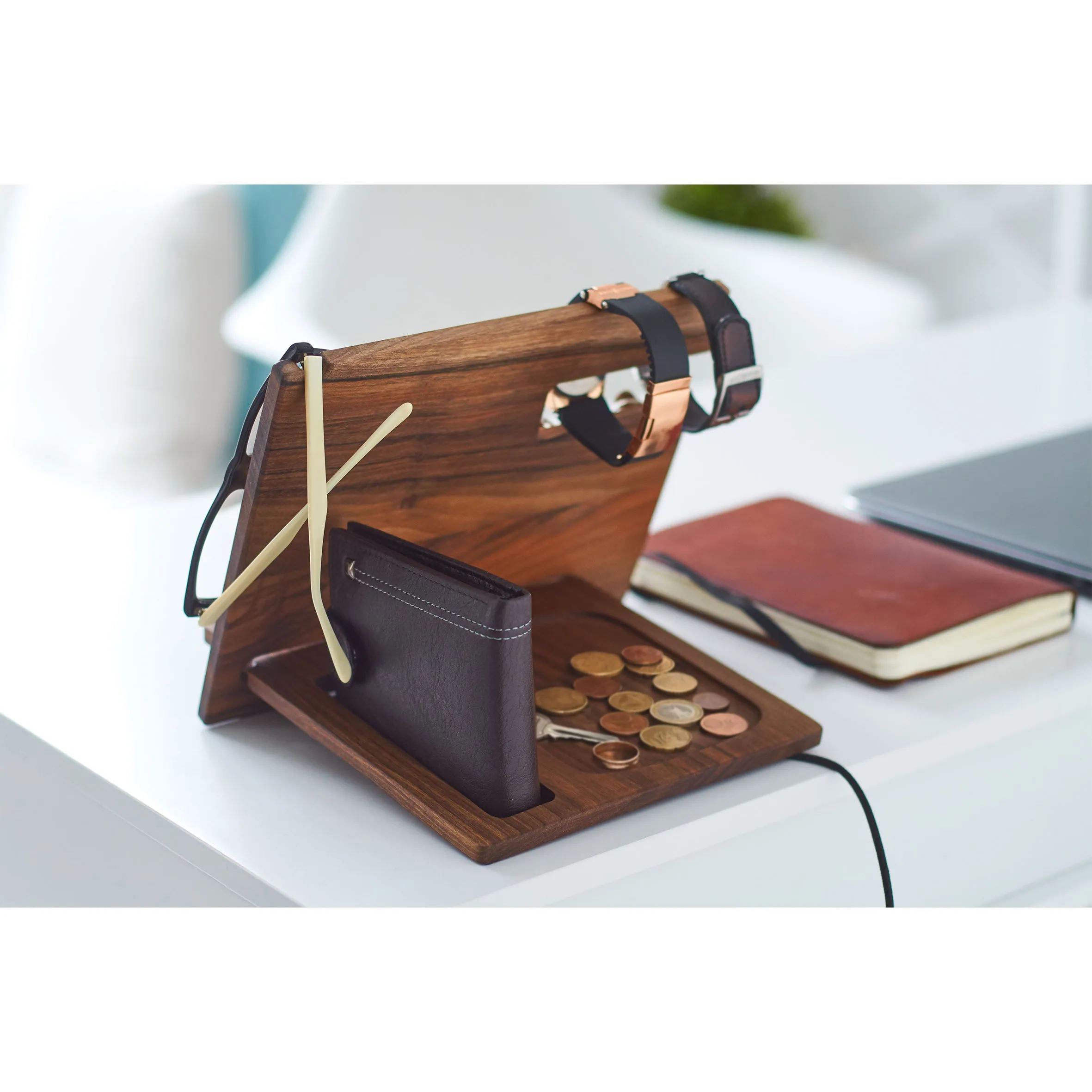 Multifunctional Wood Docking Station & Desk Organizer with 3 Pegs