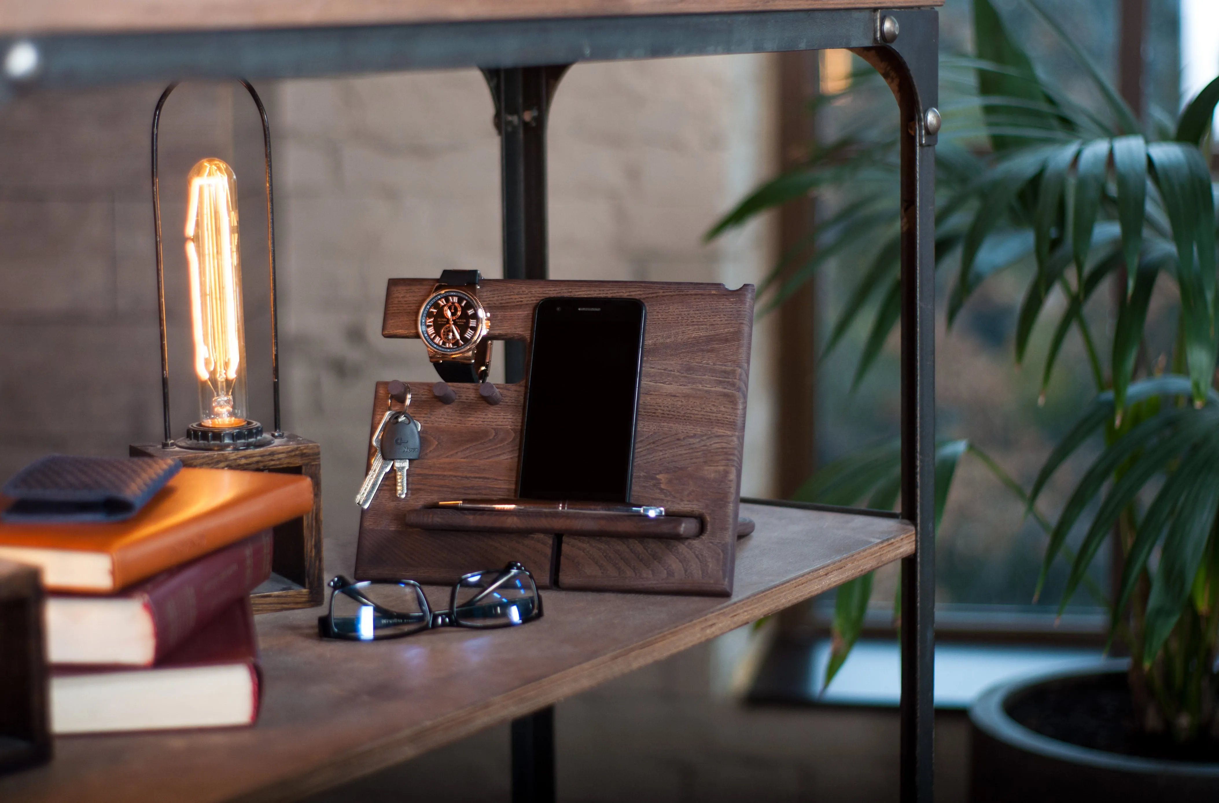 Multifunctional Wood Docking Station & Desk Organizer with 3 Pegs