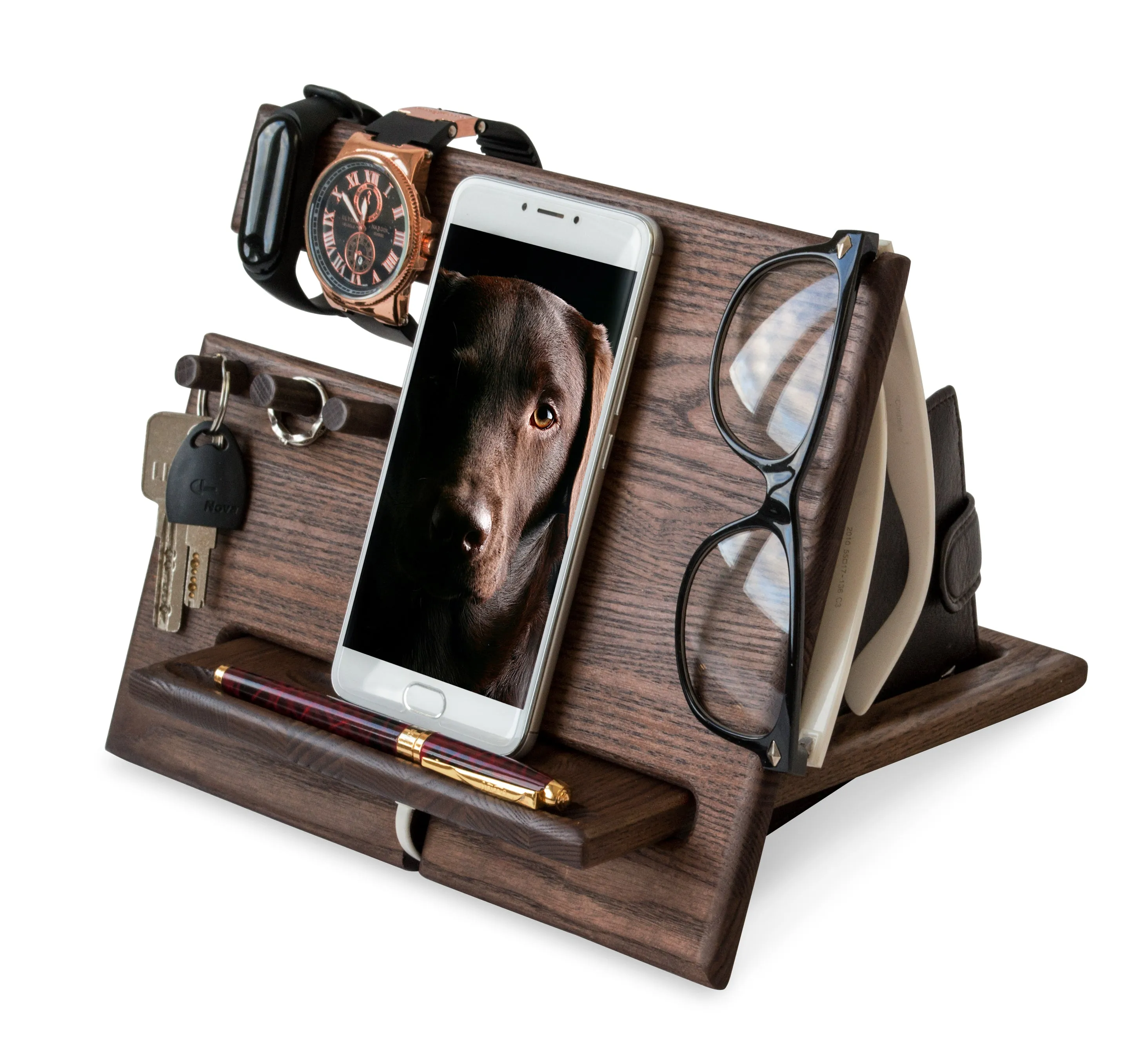 Multifunctional Wood Docking Station & Desk Organizer with 3 Pegs