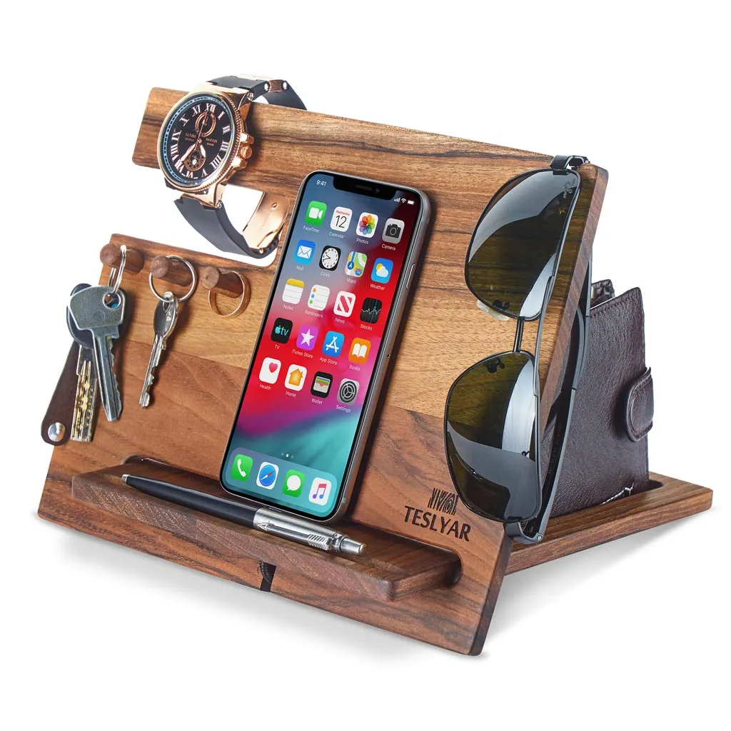 Multifunctional Wood Docking Station & Desk Organizer with 3 Pegs