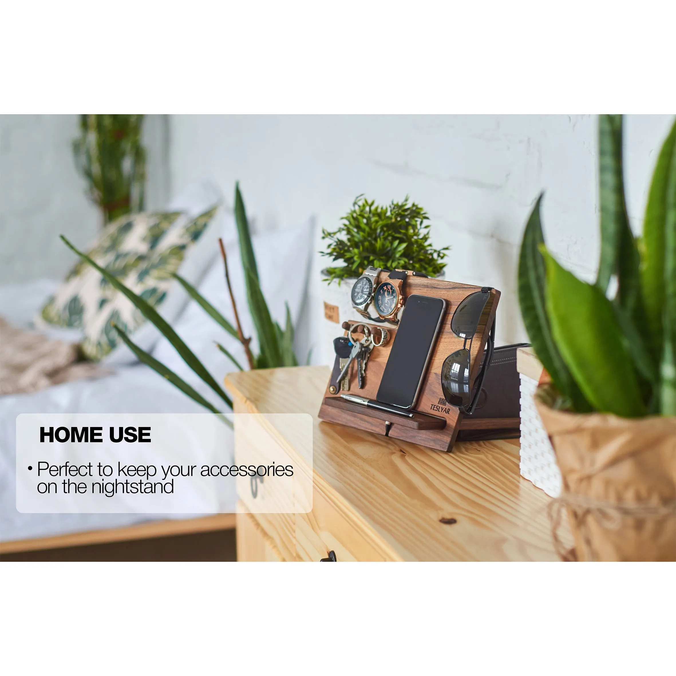 Multifunctional Wood Docking Station & Desk Organizer with 3 Pegs
