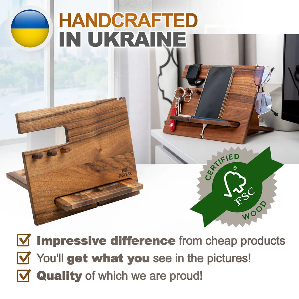 Multifunctional Wood Docking Station & Desk Organizer with 3 Pegs