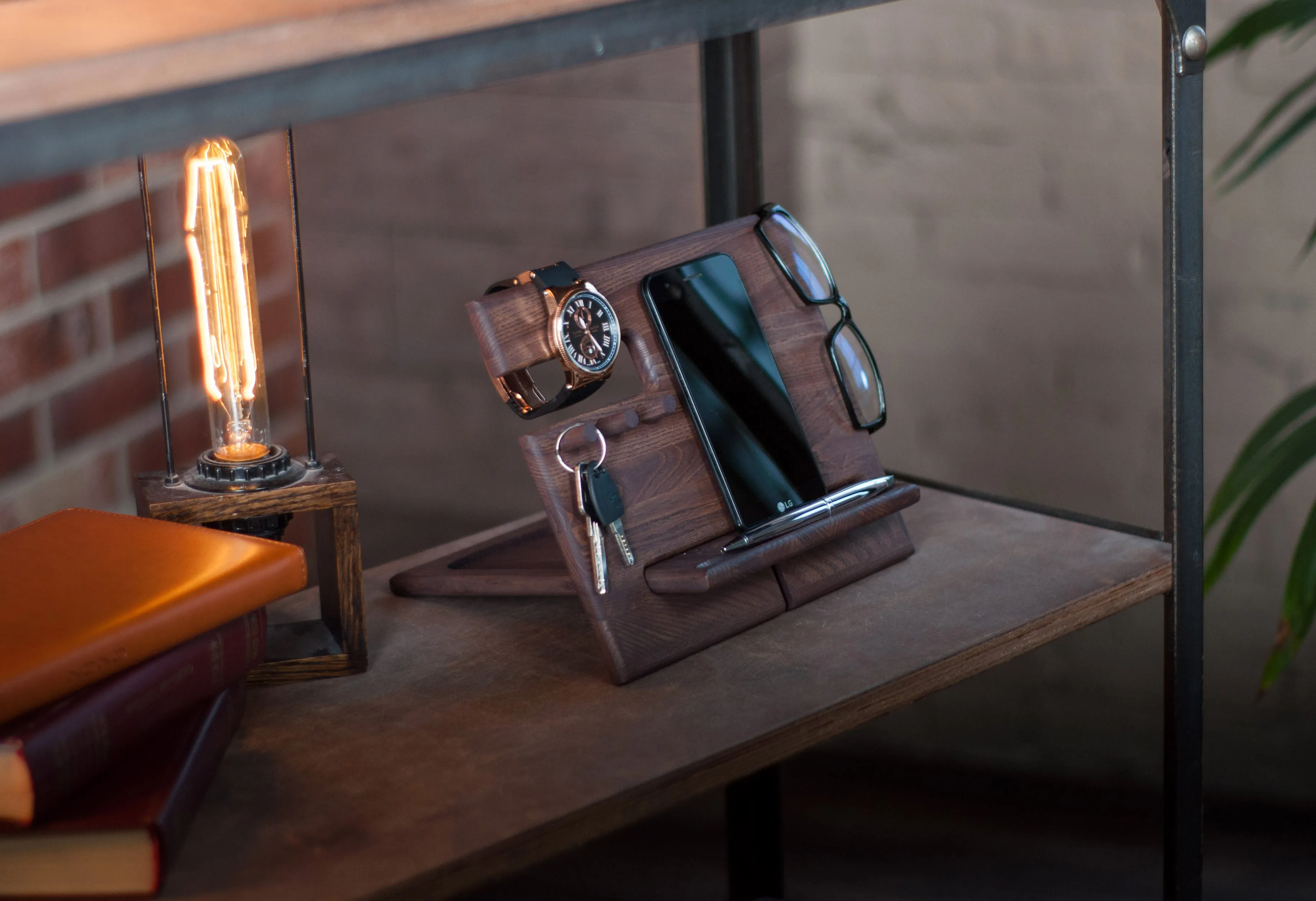 Multifunctional Wood Docking Station & Desk Organizer with 3 Pegs