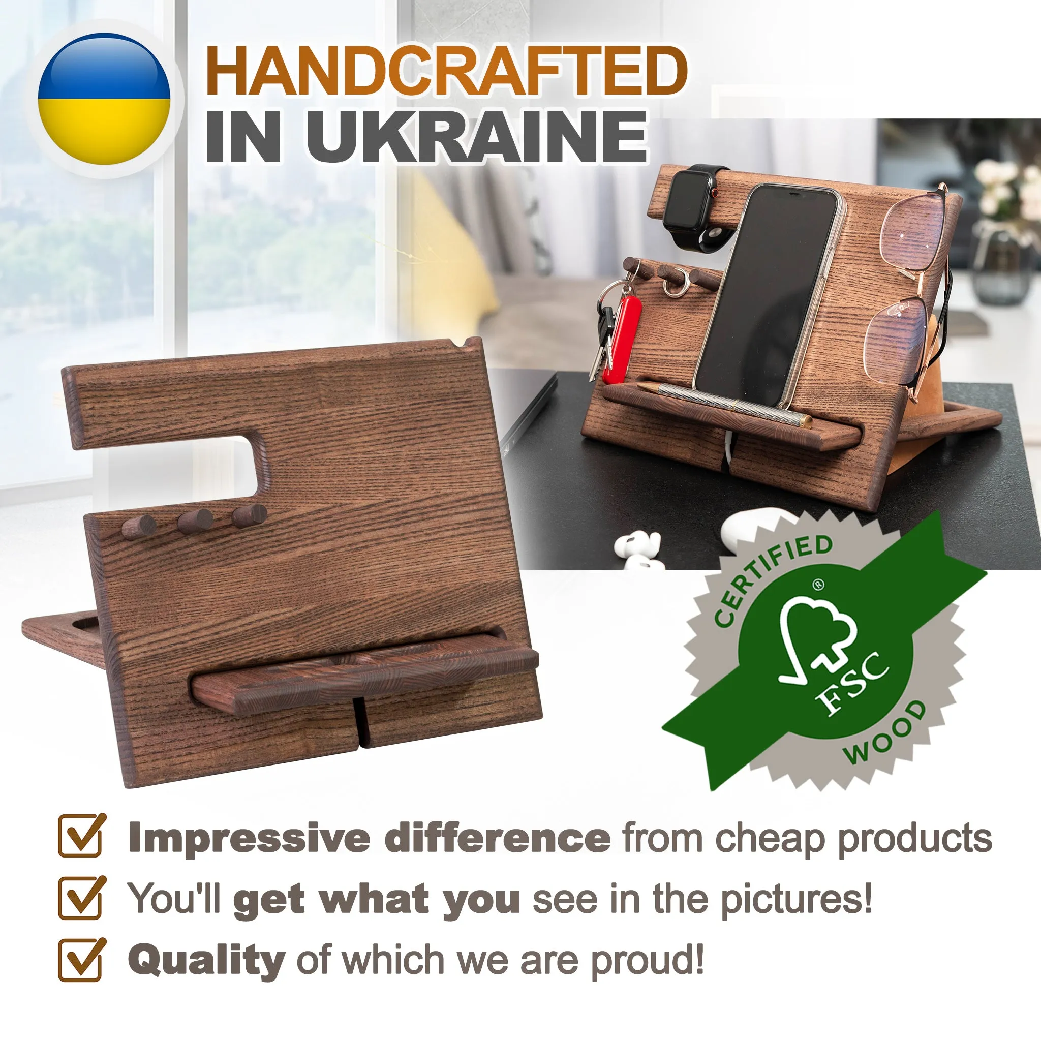 Multifunctional Wood Docking Station & Desk Organizer with 3 Pegs