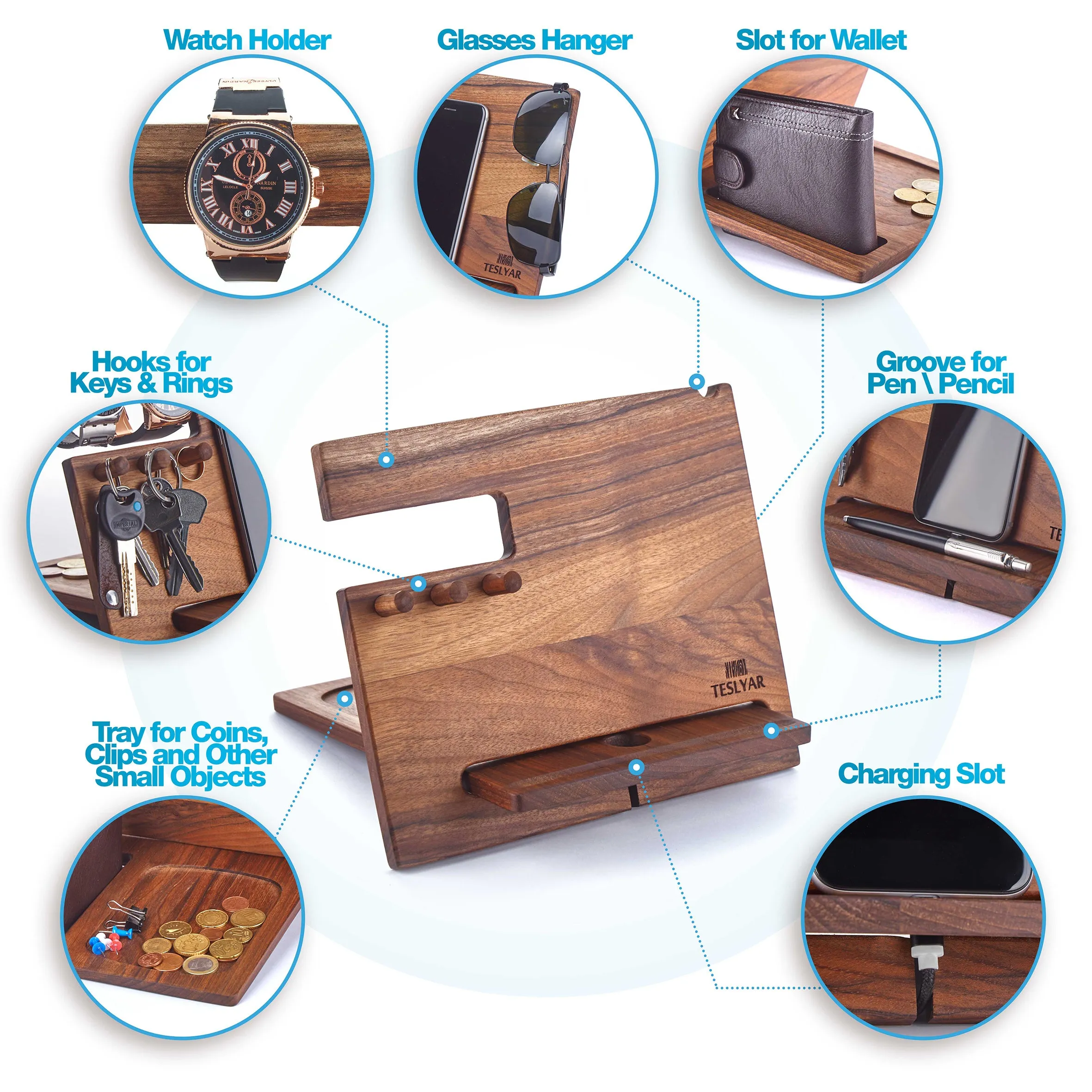 Multifunctional Wood Docking Station & Desk Organizer with 3 Pegs