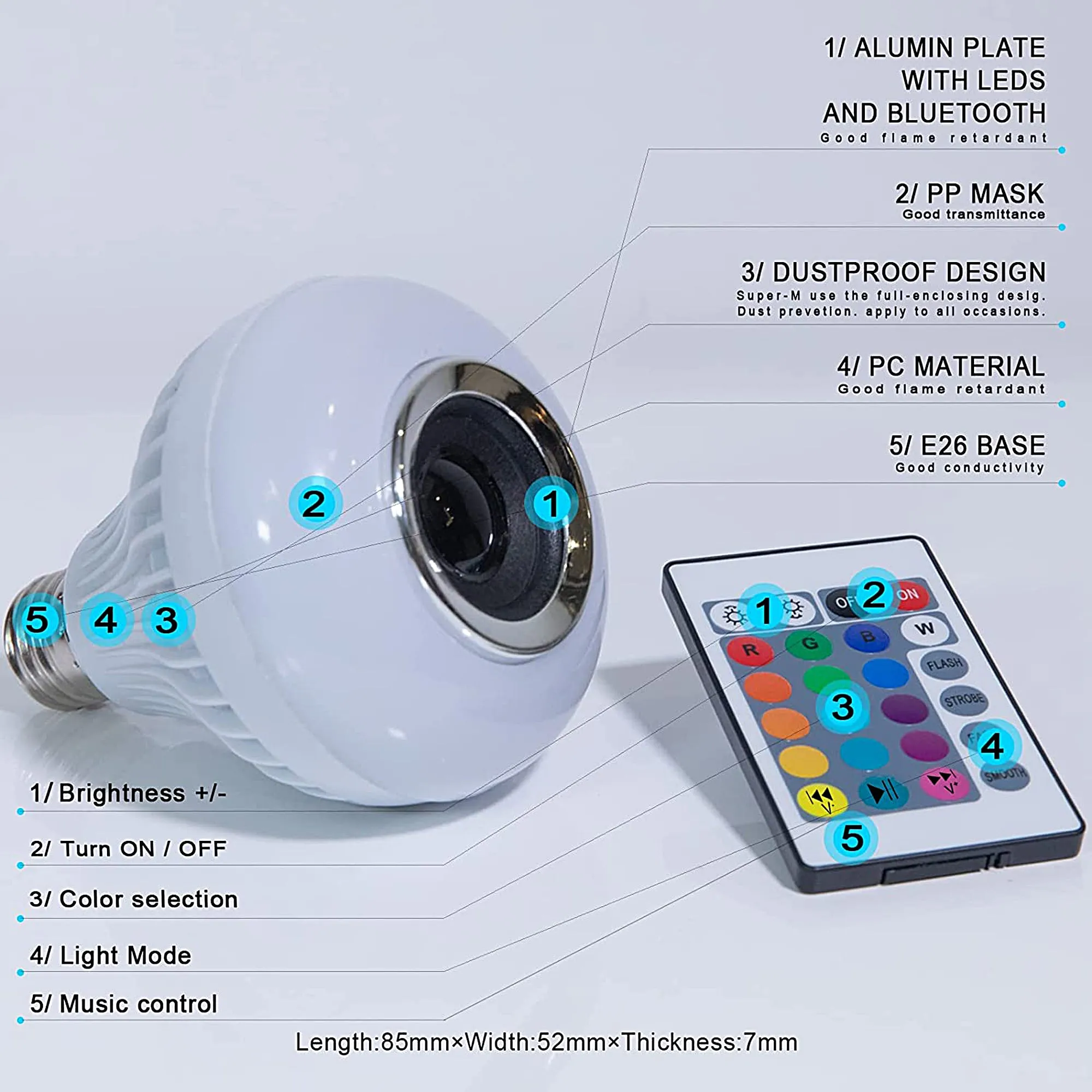 Music LED Light Bulb with Built-in Bluetooth Speaker, E26 Base, Wireless Smart Bulb, RGB Color Changing Remote Control for Party