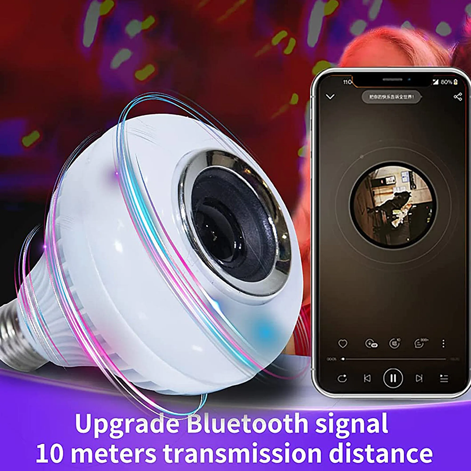 Music LED Light Bulb with Built-in Bluetooth Speaker, E26 Base, Wireless Smart Bulb, RGB Color Changing Remote Control for Party
