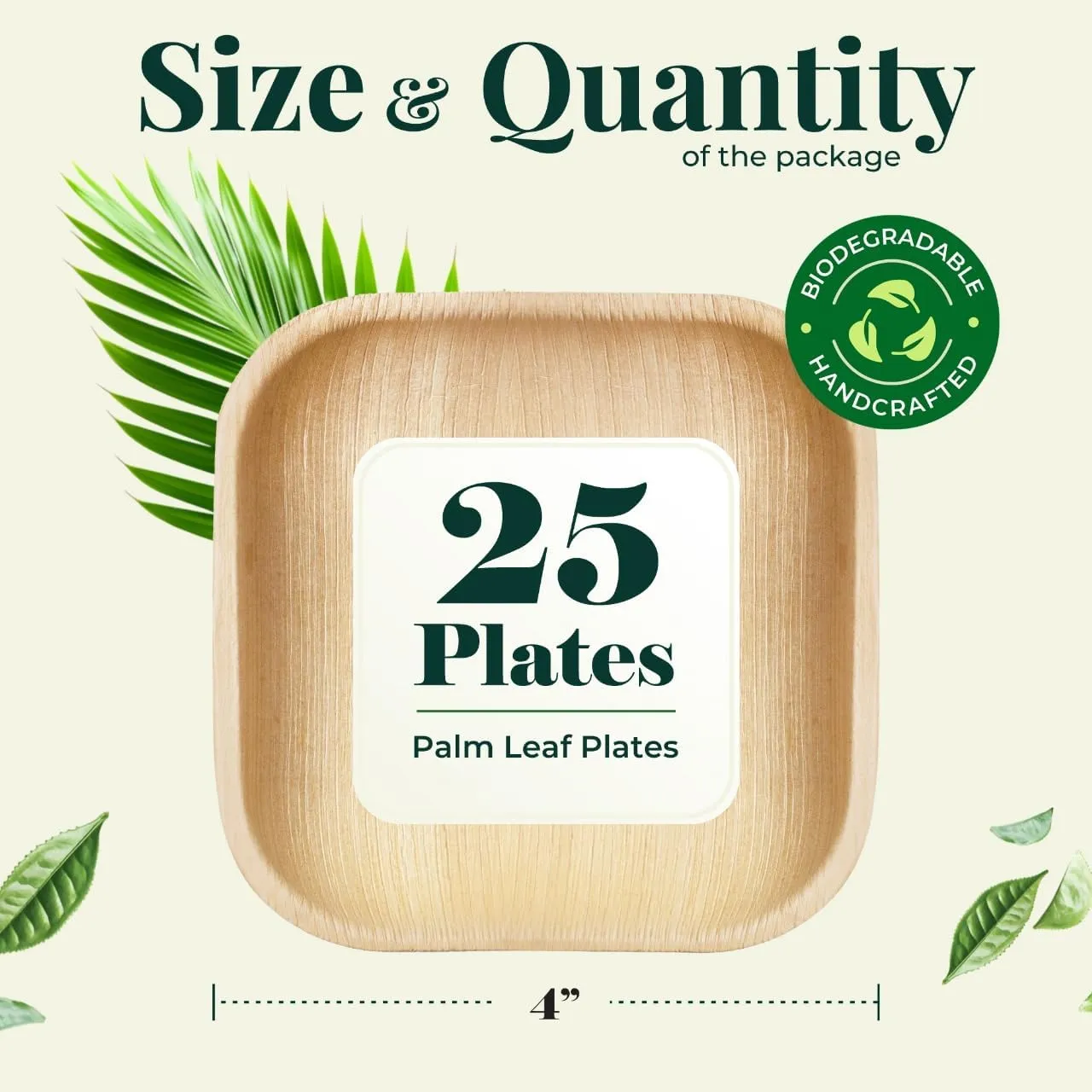 Palm Leaf Plate 4 Inch Bamboo Plate Disposable Small Square Party Plates, Eco-Friendly & Biodegradable Compostable Plates Best Alternative To Wooden Plastic Paper By KoalaLove (25)
