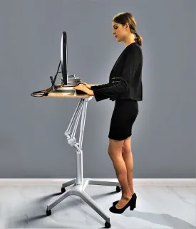 Pneumatic Sit-Stand Mobile Laptop Cart, Height Adjustable Multi-Purpose Rolling Podium Lectern with Wheels Laptop Workstation, Silver