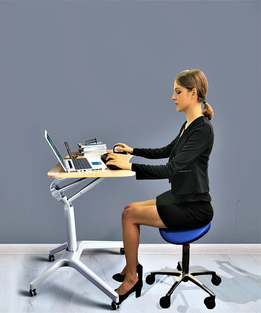 Pneumatic Sit-Stand Mobile Laptop Cart, Height Adjustable Multi-Purpose Rolling Podium Lectern with Wheels Laptop Workstation, Silver