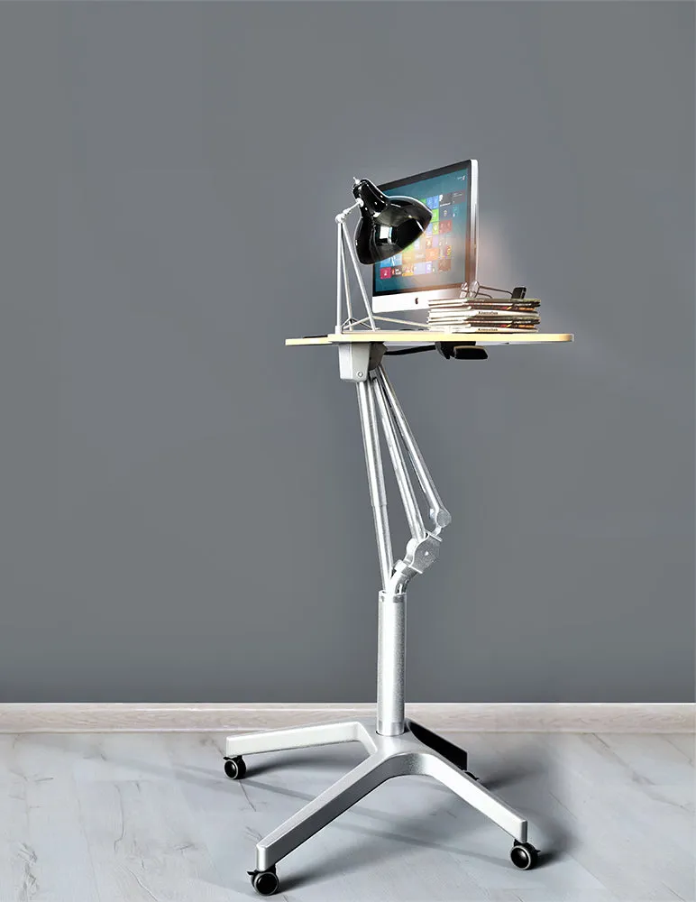 Pneumatic Sit-Stand Mobile Laptop Cart, Height Adjustable Multi-Purpose Rolling Podium Lectern with Wheels Laptop Workstation, Silver