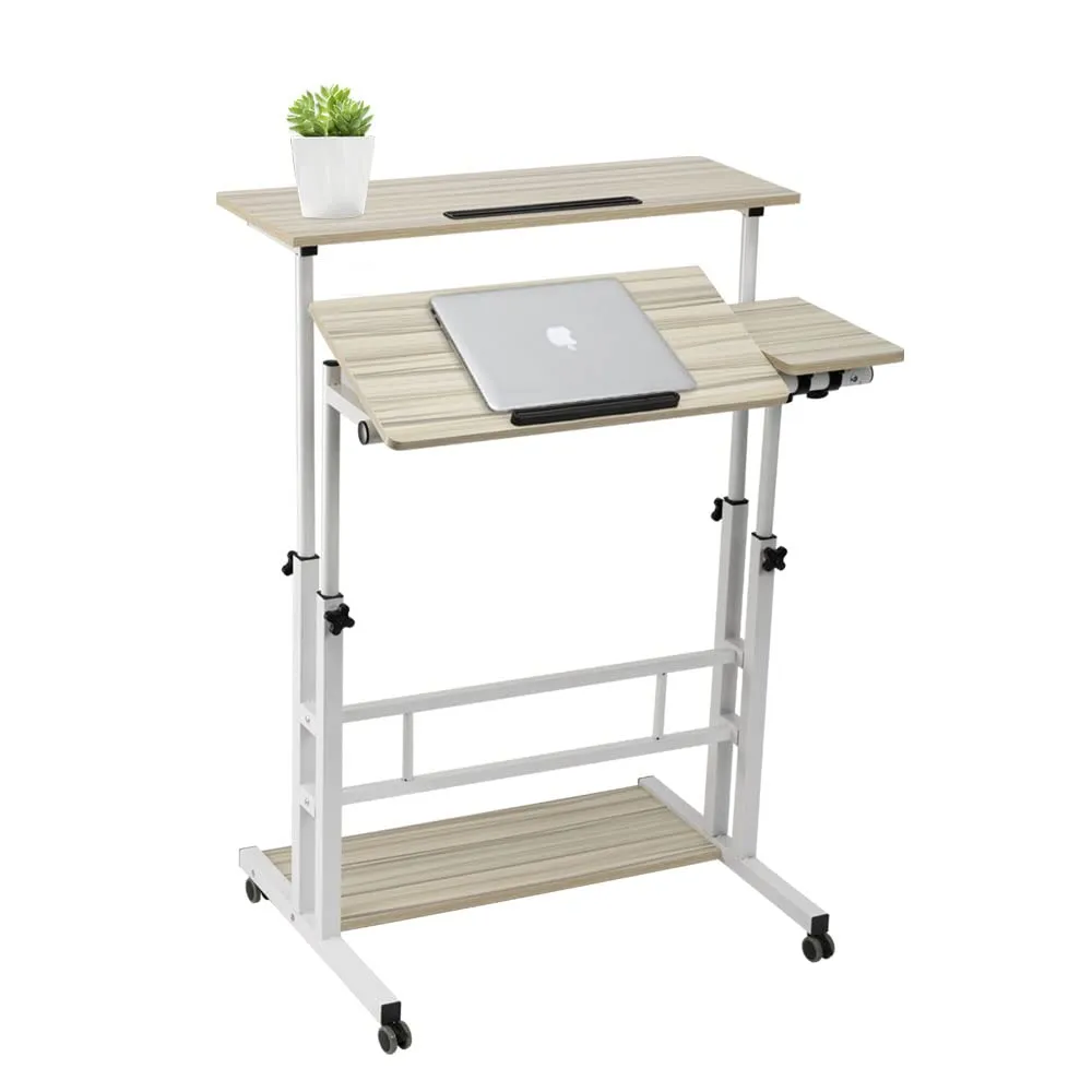 Rustic Brown Adjustable Standing Computer Desk with Wheels