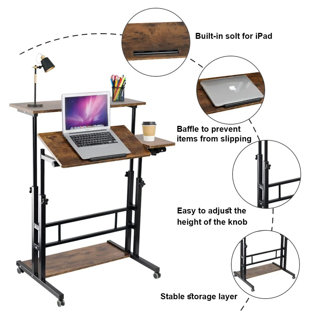 Rustic Brown Adjustable Standing Computer Desk with Wheels
