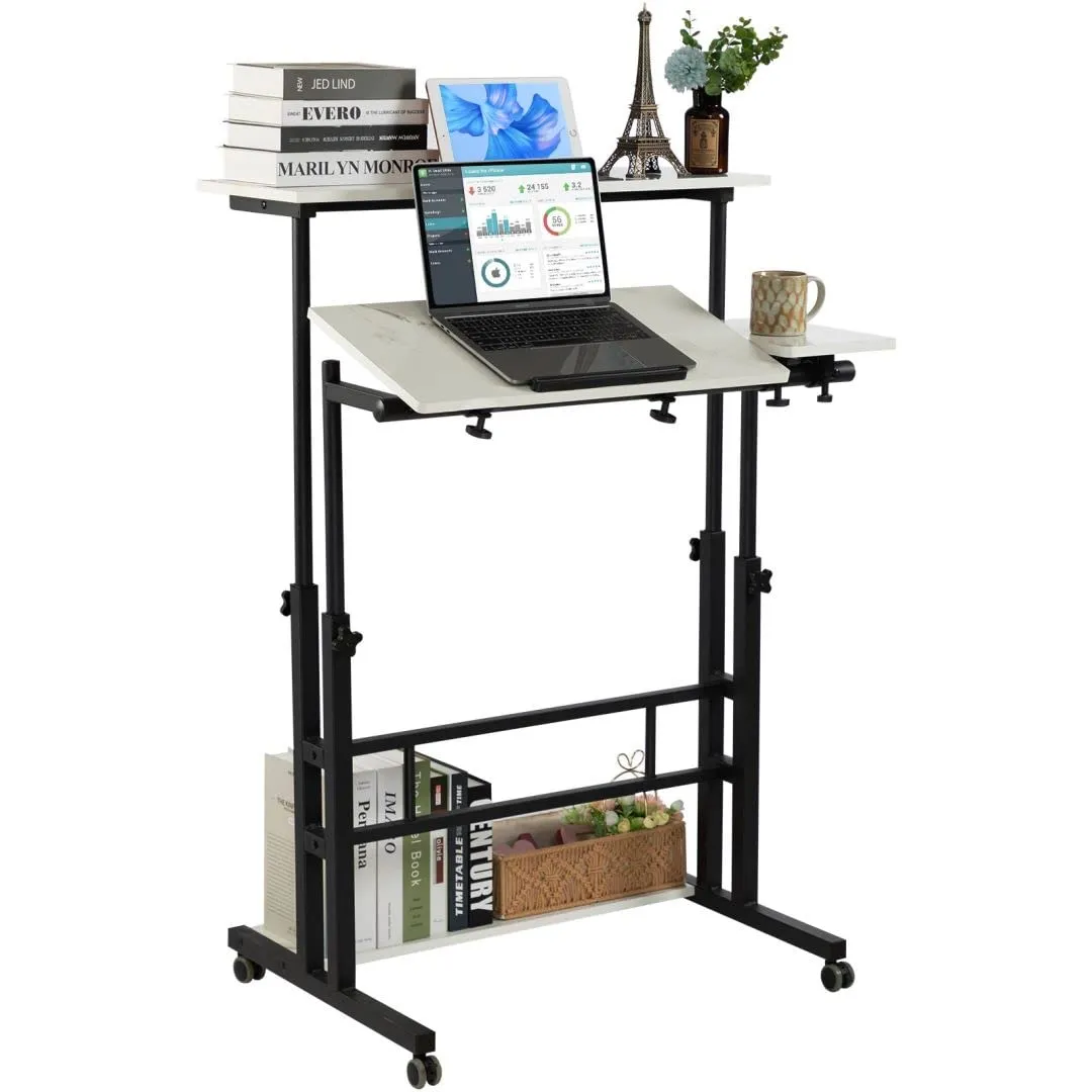 Rustic Brown Adjustable Standing Computer Desk with Wheels