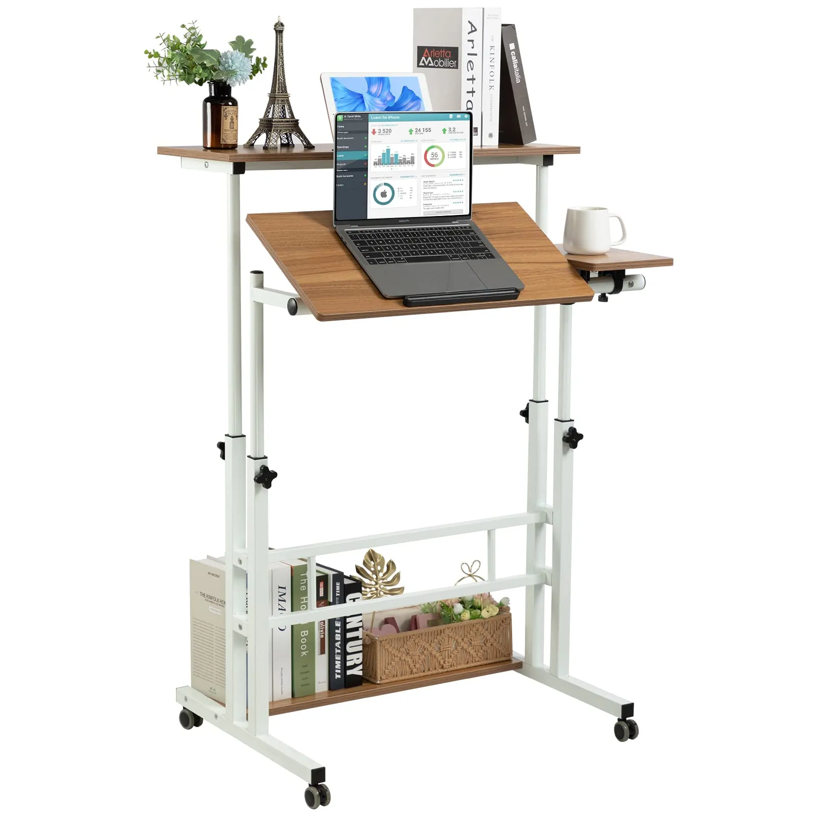 Rustic Brown Adjustable Standing Computer Desk with Wheels