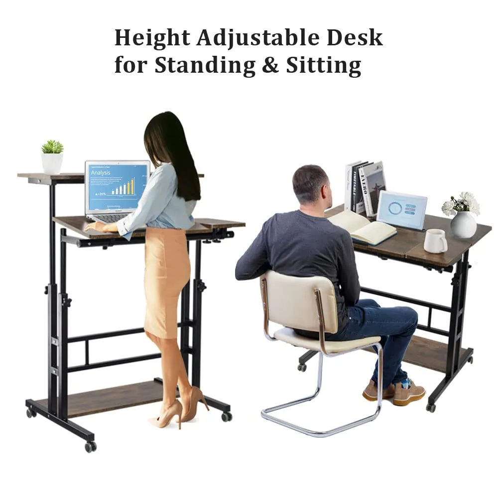 Rustic Brown Adjustable Standing Computer Desk with Wheels