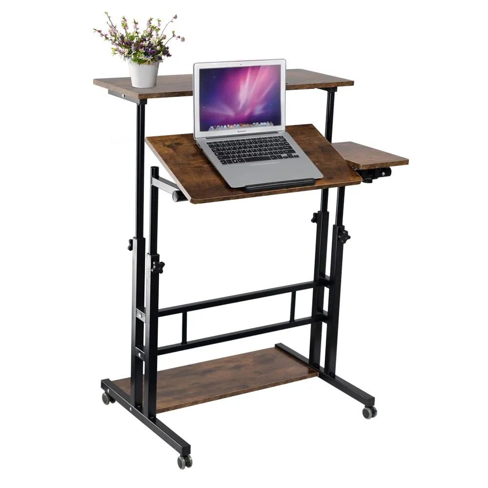 Rustic Brown Adjustable Standing Computer Desk with Wheels