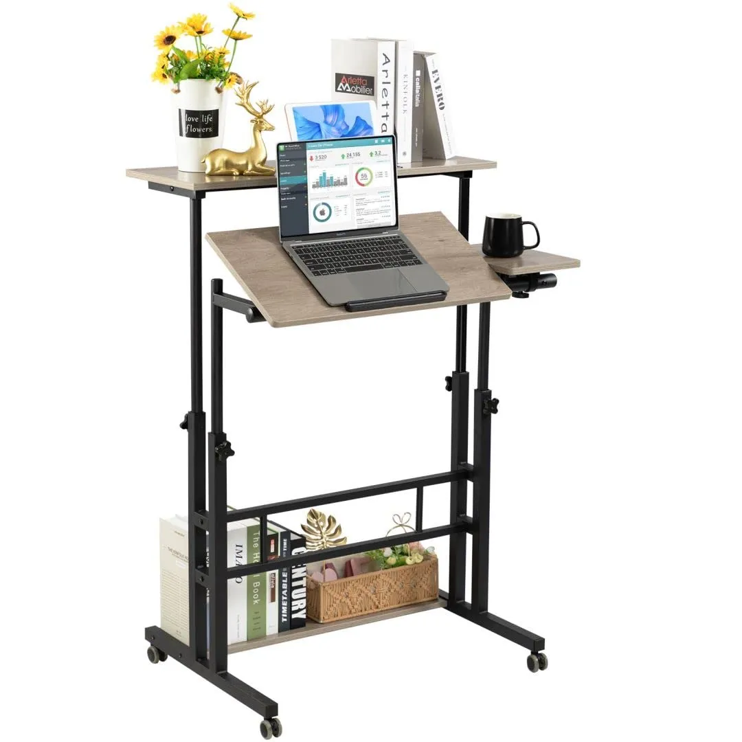 Rustic Brown Adjustable Standing Computer Desk with Wheels