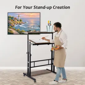Rustic Brown Adjustable Standing Computer Desk with Wheels