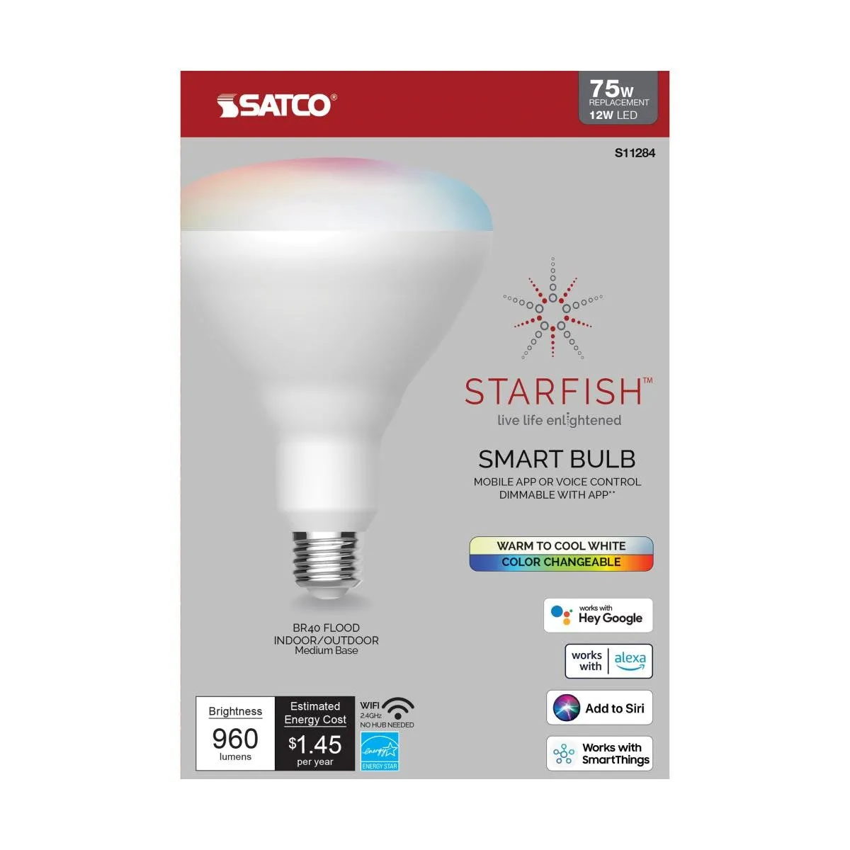 Starfish BR40 Smart LED Bulb, 12 Watts, 960 Lumens, RGBW & Tunable White, E26 Base, T20