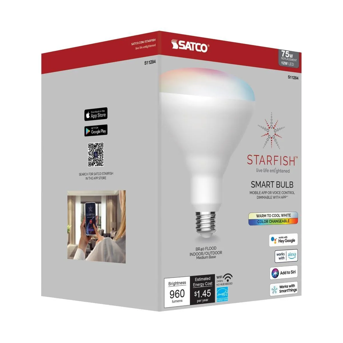Starfish BR40 Smart LED Bulb, 12 Watts, 960 Lumens, RGBW & Tunable White, E26 Base, T20