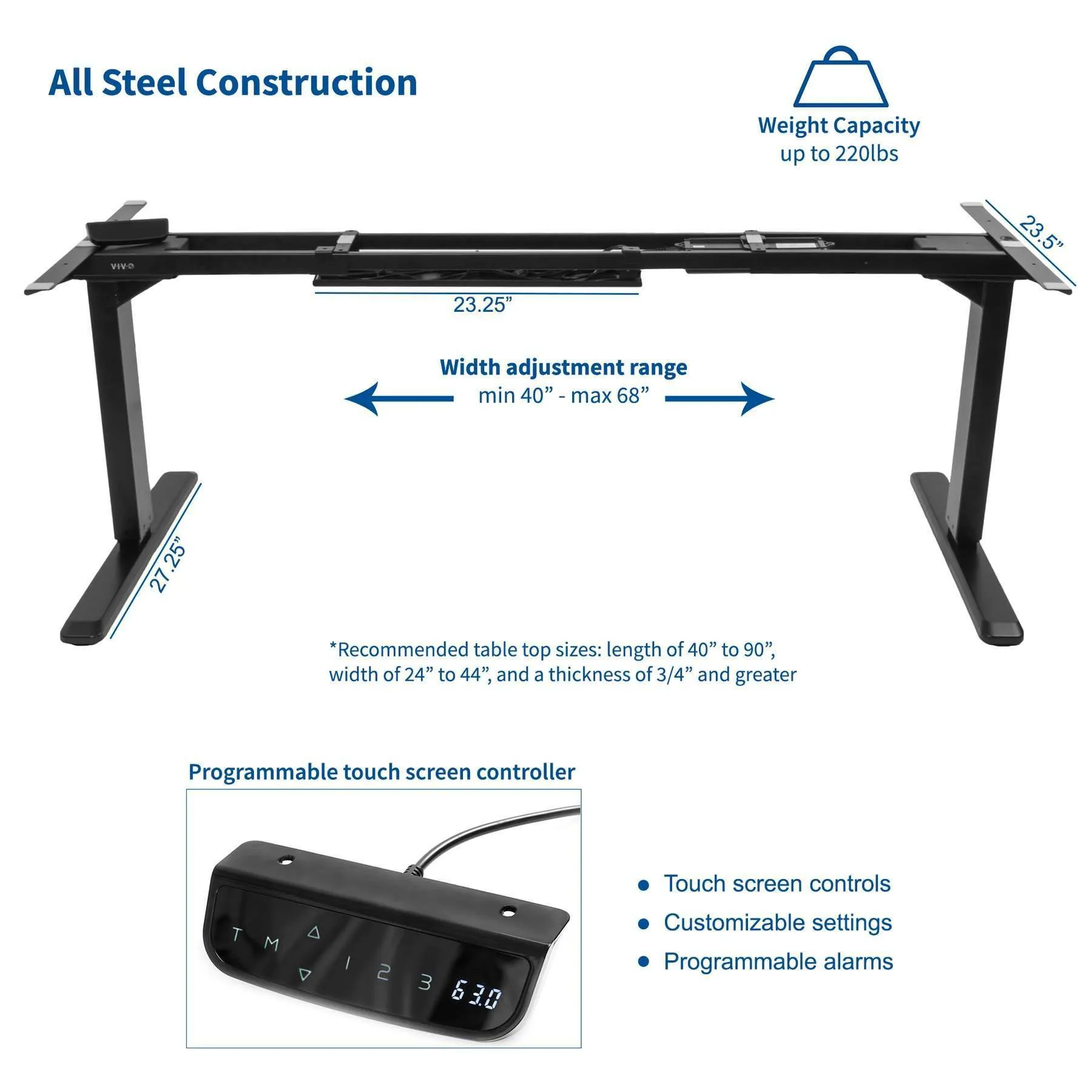 VIVO DESK-V103E 40"-68" Black Electric Height-Adjustable Dual Motor Desk Frame