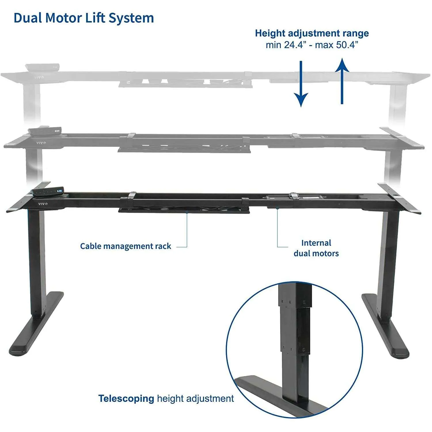 VIVO DESK-V103E 40"-68" Black Electric Height-Adjustable Dual Motor Desk Frame