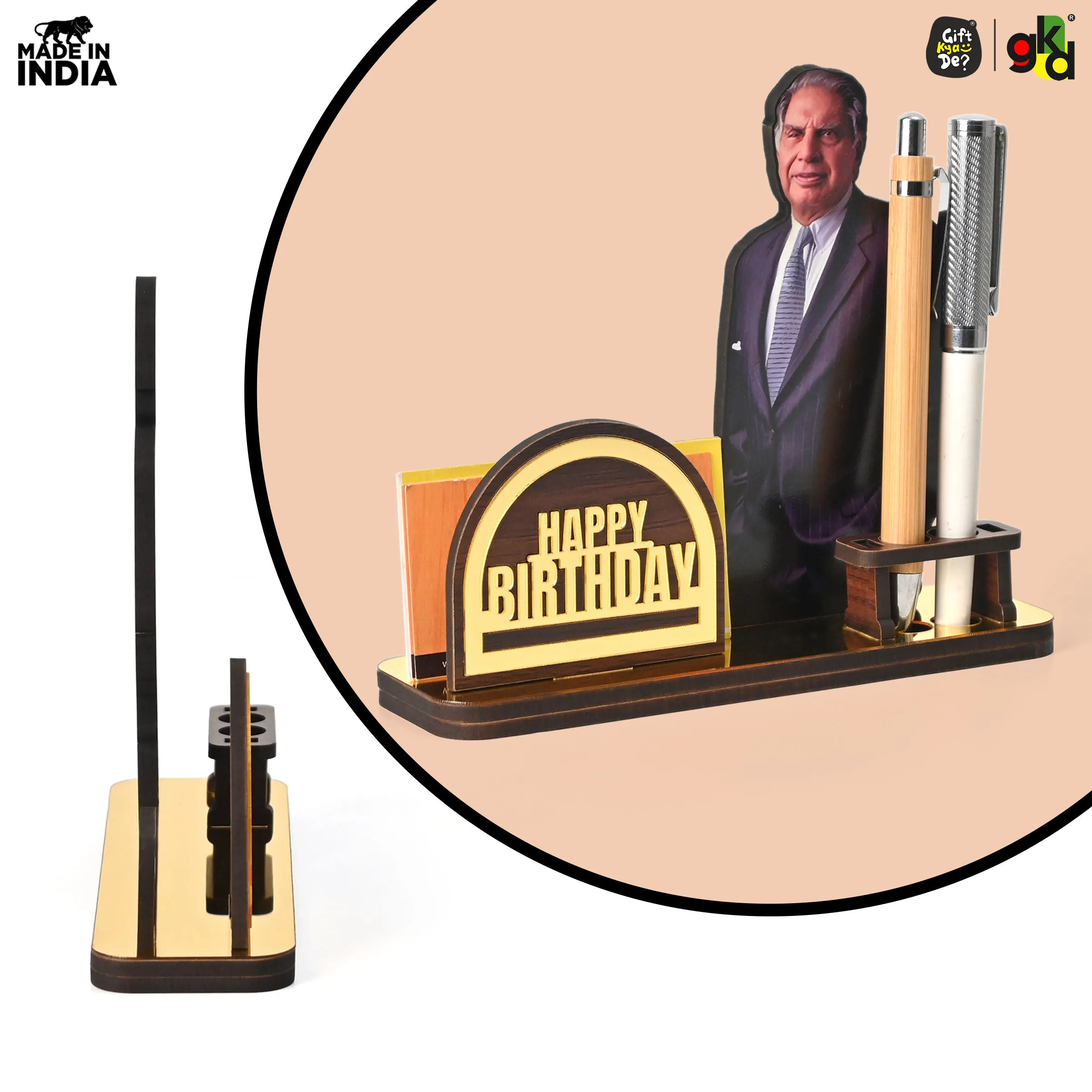 Wooden Ratan Tata and Dhirubhai Ambani Table Top with Pen Holder and Visiting Card Holder | Desk Organizer for Office and Home | Premium Corporate Gift