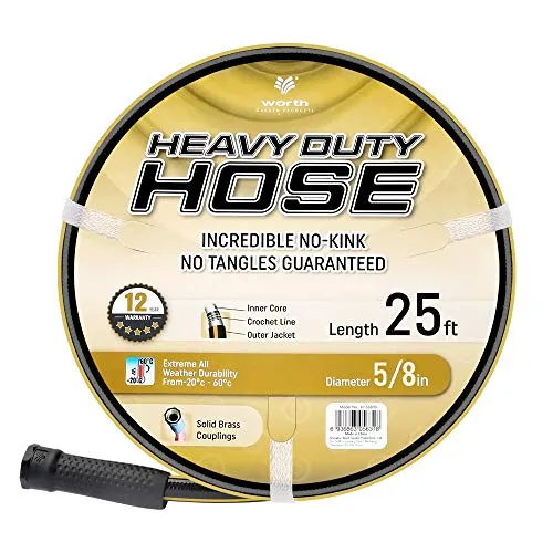 Worth® Heavy Duty Garden Water Hose 5/8" X 25 ft Durable PVC leader no kink hose female to female